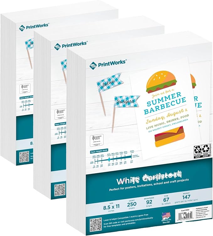 PrintWorks White Cardstock 8.5" x 11" - 67 lb/147 gsm Vellum Bristol-250 Sheets-Made in the USA-SFI® Certified-92 Bright-Card Stock Printer Paper for School,Craft,&Office Use (00564), (Pack of 3)