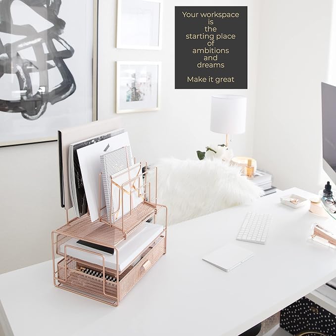 BLU MONACO Rose Gold Desk Organizer with Drawer | Metal Mesh Desktop Rack with File Sorters & Paper Storage | Space-Saving Workspace Organizer for Home Office, Cubicle, Kitchen or Dorm