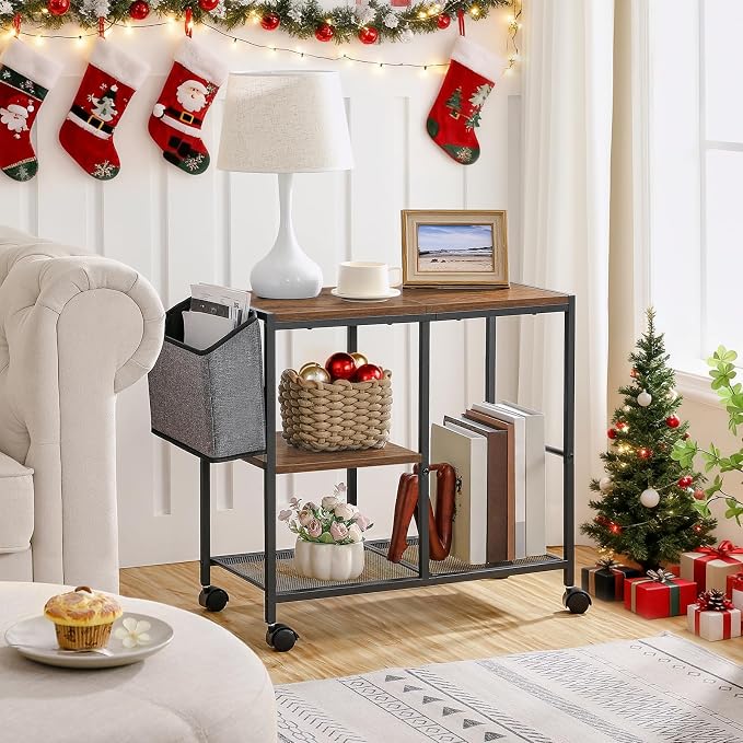 MAHANCRIS Printer Stand with Storage Bag, 3-Tier Mobile Under Desk Printer Cart with Wheels, Wood Rolling Printer Table, Organizer Shelf for Study, Office, Living Room, Rustic Brown PTHR2201