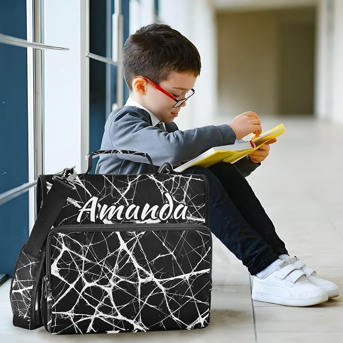 Custom 3 Ring Zipper Binder Black Marble White Pattern Personalized Name 1.5 inch Binders Large Capacity Multi Pockets for School Office Supplies