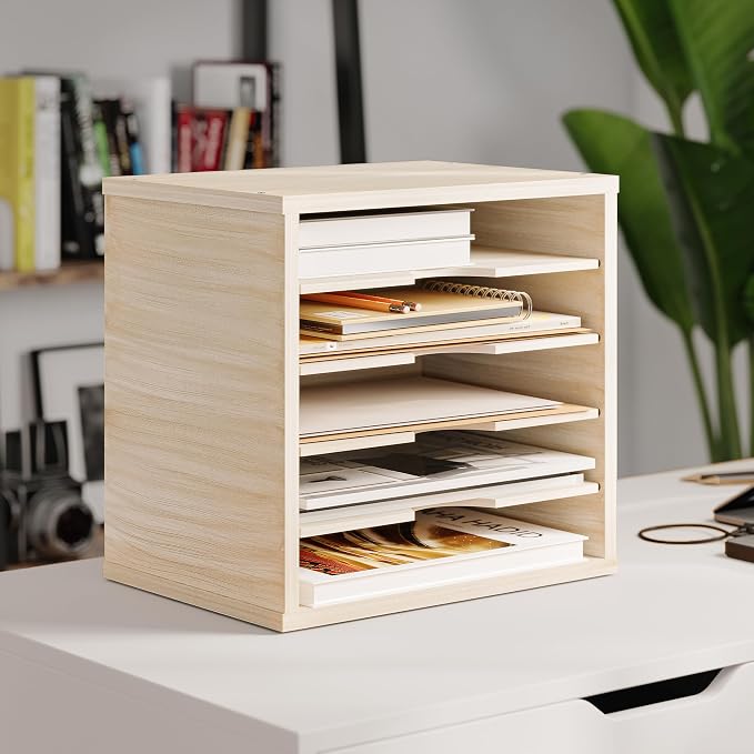 Ballucci 5-Tier File Organizer for Desk, Mail Sorter, Office Desk Organization, Paper Storage Organizers, Folder Holder for Desk, Letter Trays & Stacking Supports, Brushed Wood