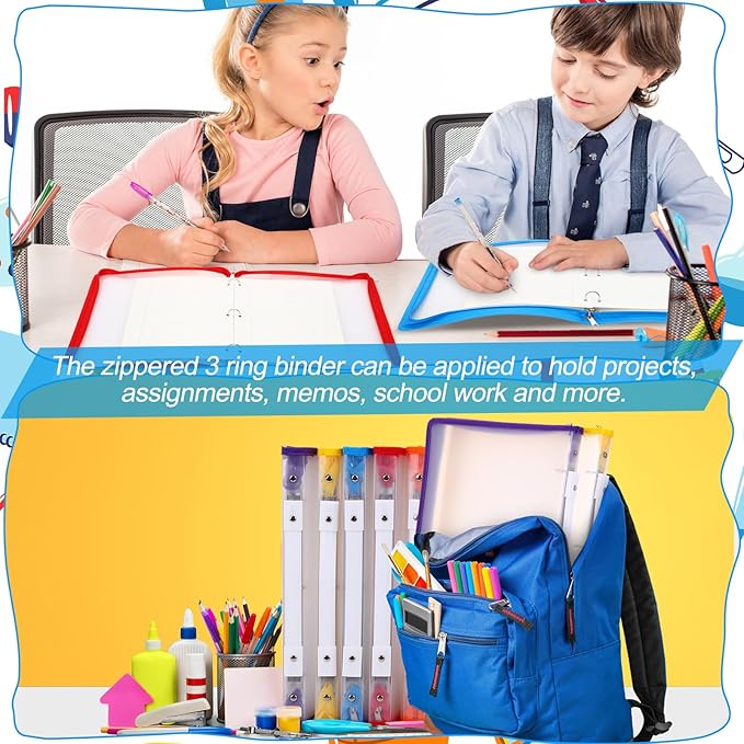 Fulmoon 6 Pack 1 Inch Zipper Binder, 3 Ring Binder with 2 Interior Pockets, Plastic Pencil Pouch, Expanding File Zippered Holds 8.5''x11'' for Projects, Assignments, Memos, School Work (Clear)