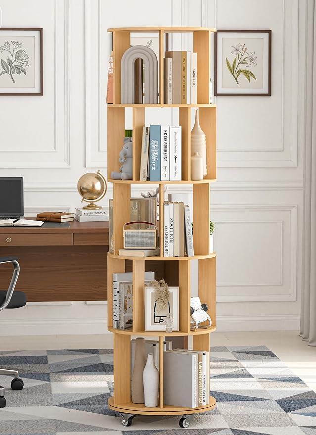 5 Tier Rotating Bookshelf 360 ° Rotating Bookshelf Tower Wood Revolving Bookcase Tall Narrow Spinning Book Shelf Tower with Storage and Sturdy Construction for Bedroom, Living Room, Office(Wood)