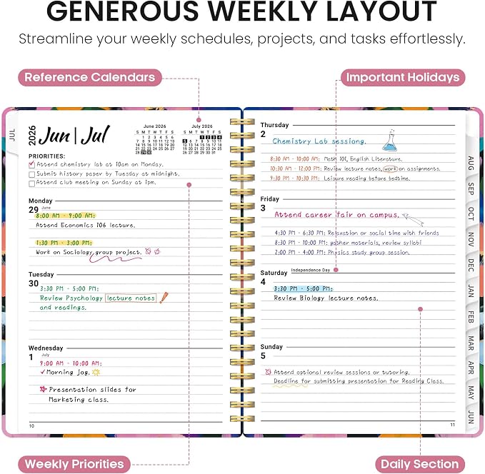 Taja Planner 2026-2027, Jul 2026-Jun 2027 Monthly & Weekly Calendar Planner | 6.3" x 8.5", Hardcover Academic Calendar, Teacher Student Agenda Book with Tabs, School Office Supplies, Vivid Garden