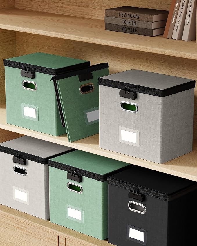 Oterri Lockable File Box Small 1-Pack Hanging Organizer for Letter-Size | Dustproof Lid. 3 Mesh Pockets. Collapsible Scratch-Resistant GRS Linen. Slide Rails. Office, Home, Dorm