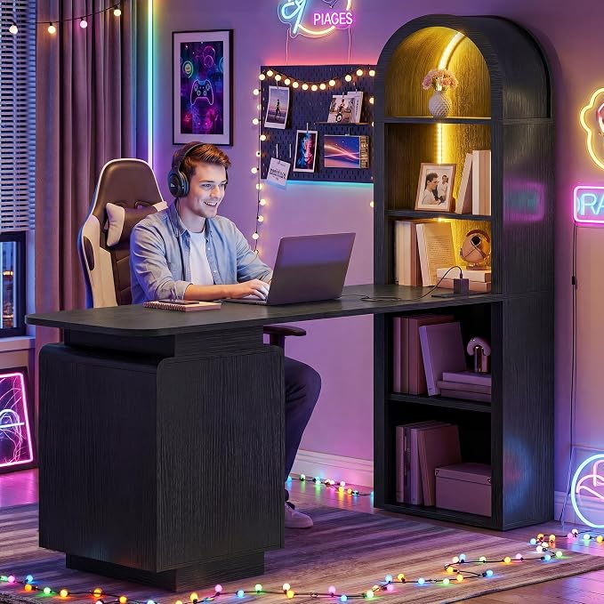YITAHOME 59" Computer Desk with LED Lights & Power Outlets, Black | Home Office Desk with Bookshelf, File Drawer & Storage Shelves, Gaming Desk with USB Ports, Modern Study Writing Table