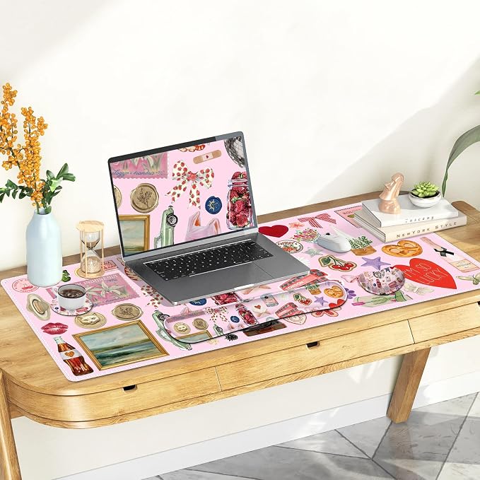 Desk Mat Pad, Gaming Mouse Pad Wrist Support Set, 4 in1 Non-Slip XXL Large Mousepad + Ergonomic Keyboard Wrist Rest+Mouse Wrist Rest+Coaster for Home Office Computer I Pink Colorful Stickers