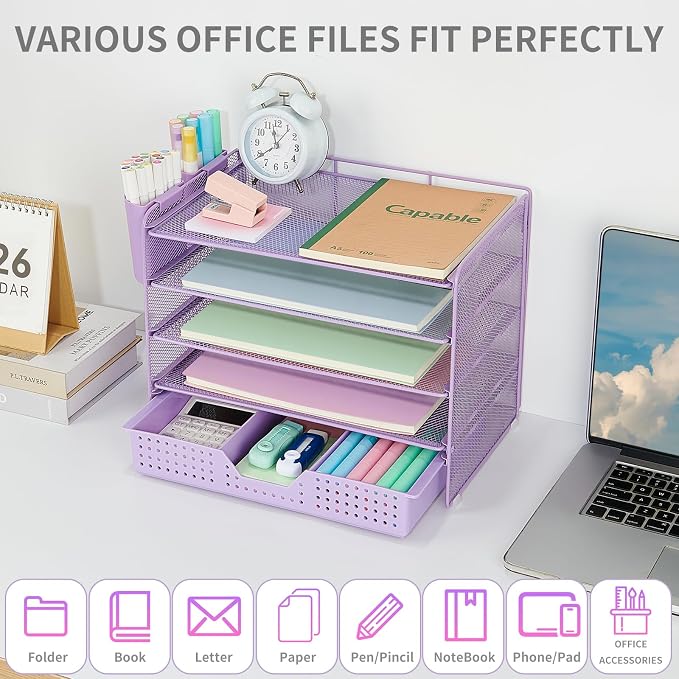 LEKETREE Desk Organizers and Accessories, 5-Tier Paper Letter Tray Organizer with Drawer & 2 Pen Holders, Desktop Organizer for Office Supplies (Purple)