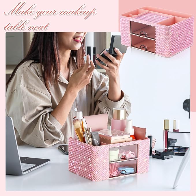 MotiMind Pink Bling Desk Organizer with 2 Drawer, Sparkly Makeup Organizer for Vanity, Girly Desk Accessories, Rhinestone Pen Holder, Elevate Your Workspace with Pink Serenity (Pearl)