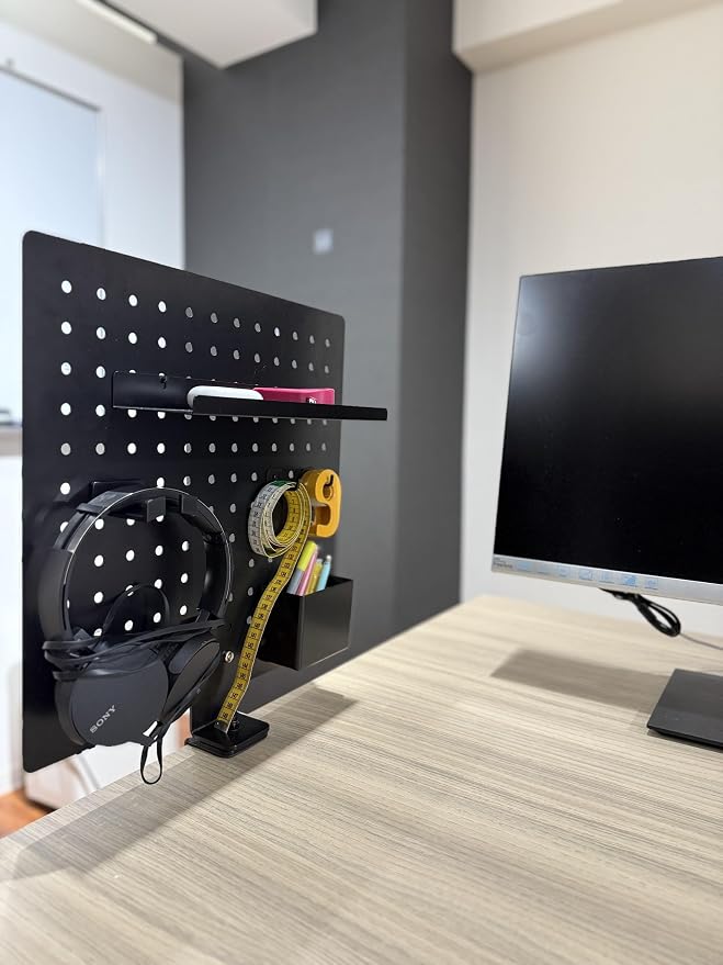 Steel Metal Clamp-on Desk Pegboard 16 x 16 Inch Privacy Panel, 360 Degree Rotation, Desktop Organizer, Black Desk Organizer Office Desk Accessories Peg Board with Hooks Office Organization Decor