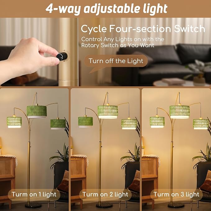 80'' Gold Rattan Arc Floor Lamp for Living Room, 3-Light Boho Tree Lamp | Heavy Natural Marble Base, 1/2/3-Light Rotary Switch,Double-layer Green Wicker/Fabric Shades for Coastal Style,8 ft+ Ceilings