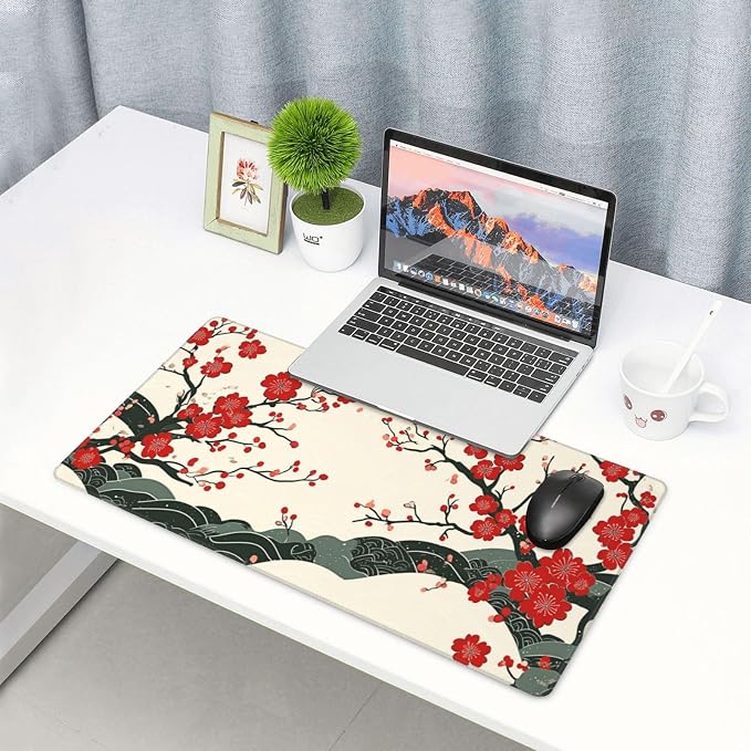 XL Desk Mat 31.5x15.7 Inch, Japanese Cherry Blossom Wave Mouse Pad Keyboard | Elegant Japanese Wave Design Keyboard Mat with Non Slip Base, Large Desk Pad for Office, Home Decor, Computer & Work Setup