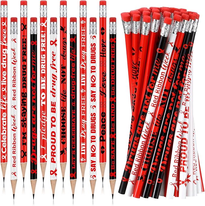 Tenceur 240 Pcs Red Ribbon Week Pencils Awareness Month Supplies 12 Designs Drug Free with Erasers for Teacher Office Volunteer Fundraising Charity Activity