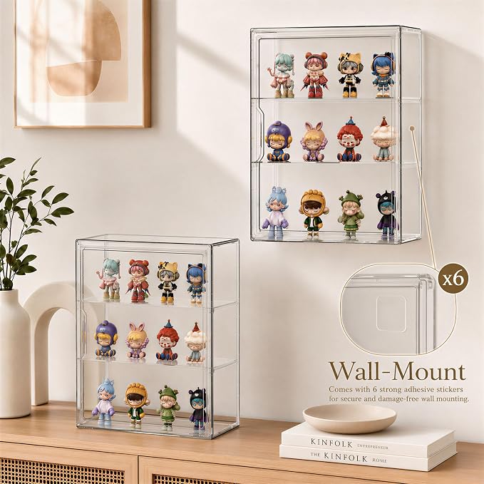 Attelite 4Pack Acrylic Display Cases for Collectibles,Wall-Mounted Desktop | Clear Showcase for Figures, 2 Adjustable Dividers, 3 Layer Acrylic Box, Tool-free Assembly, Magnetic Door, Stackable