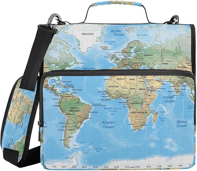 3 Ring Zipper Binder with Shoulder Strap World Map Blaue 1.5 inch Binders Keeper Large Capacity Multi Pockets for School Office Supplies