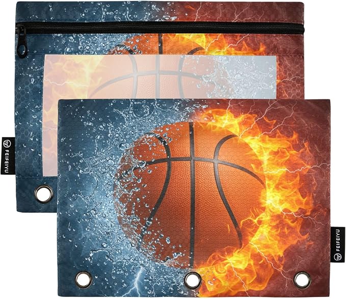 Basketball Ball Pencil Pouch for 3 Ring Binder, 2 Pack Waterproof Pencil Bags Clear Window Pencil Case Zipper School School Office Supplies