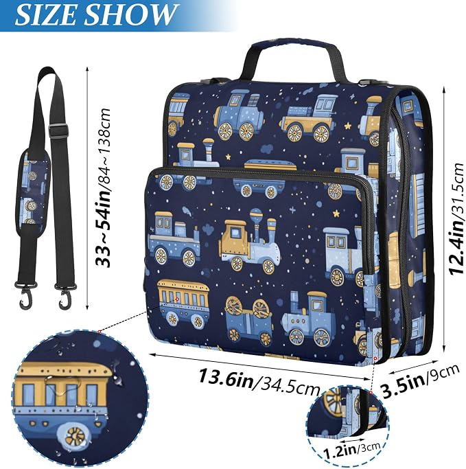 Fisyme Trains Cute Blue Zipper Binder 3 Ring with Zipper and Shoulder Strap Large Capacity Multi-Pocket Binder Organizer