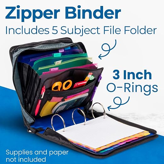 Case-it Mighty Zip Tab School Zipper Binder | 3-Inch O-Rings, 600-Sheet Capacity, 5-Subject Expanding File Folder, Multiple Pockets & Storage Organizer, Shoulder Strap | D-146 Blue