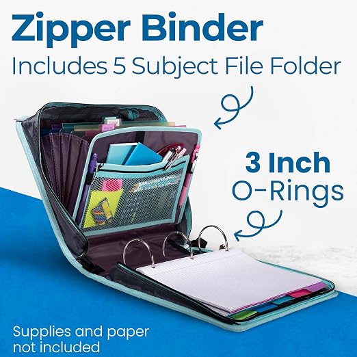 Case-it School Zipper Binder | 3" O-Rings | 600-Sheet | D-146 Light Blue | Mighty Zip Tab, 5-Color Tab Expanding File Folder, Multiple Pockets, Shoulder Strap, Daisy Design, Office
