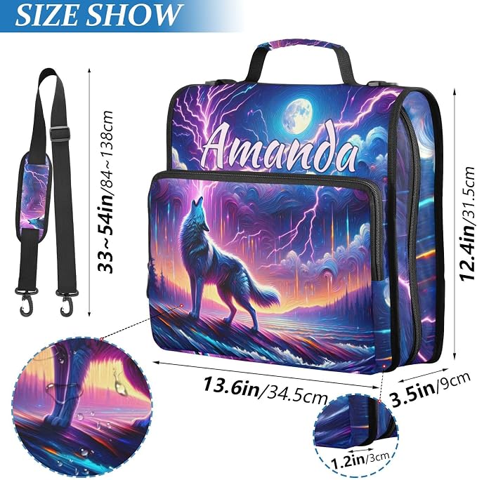 Custom 3 Ring Zipper Binder Galaxy Forest Wolves Personalized Name 1.5 inch Binders Large Capacity Multi Pockets for School Office Supplies