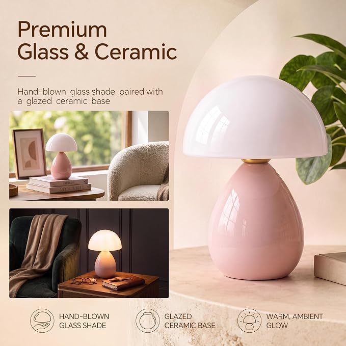 Mushroom Lamp Table Lamp for Bedroom-Small Desk Table Lamps,Pink | Ice Crackle 8.7" Mid Century Modern Table Lamps for Living Room Bedroom Decor,Ceramic Lamps for Home Room Decor,Glass Shade
