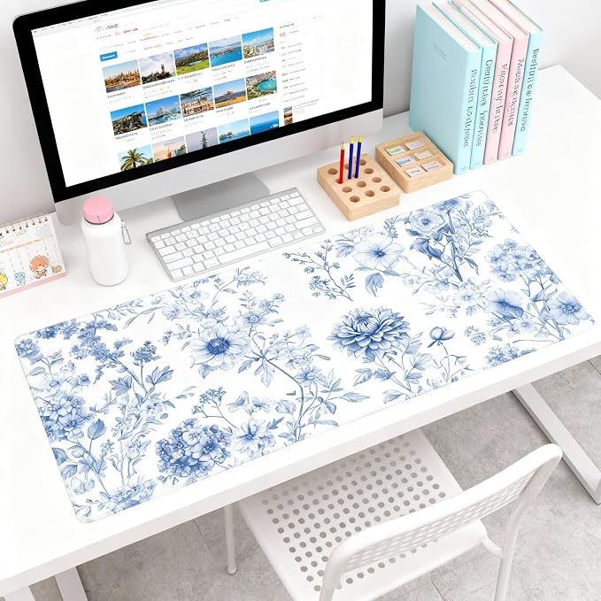 Floral Aesthetic Dahlia Gaming Mouse Pad, White Blue Chinoiserie Desk Mat with Anti-Slip Base & Stitched Edges,35.4" x 15.7" in Table Mat for Computer Desktop, Beautiful Workstation Decor