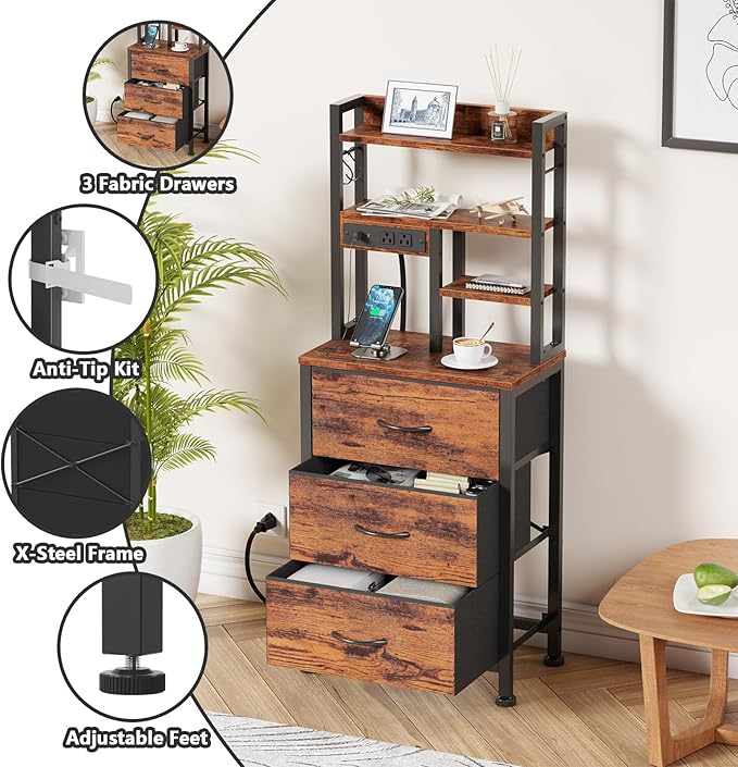 Night Stand Set 2, 45.3" Tall Bedside End Table, Rustic Brown | RGB LED Lights, 4-Tier Storage Shelves & 3 Fabric Drawers, Metal Frame, Wood Desktop, Easy Assembly for Bedroom Dorm Hallway