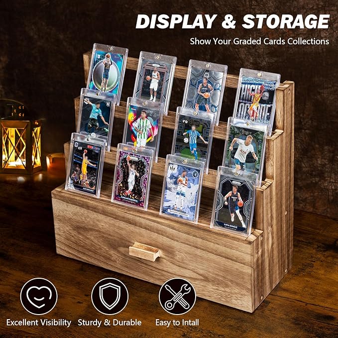 Emfogo Trading Card Display, 3-Tier Card Display Case with Custom Drawer, Wood Graded Card Display with Supporters and Dividers, Sports Card Display Case (Brown)