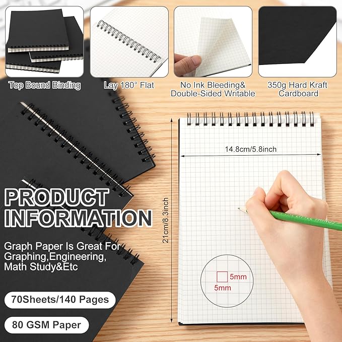 Engrowtic 6 Pack Graph Paper Spiral Notepad A5 Top Wirebound Notepad Grid Notebook Steno Pads Memo Notebook Grid Paper 140 Pages for Writing Sketching Drawing Office Supplies (Black)