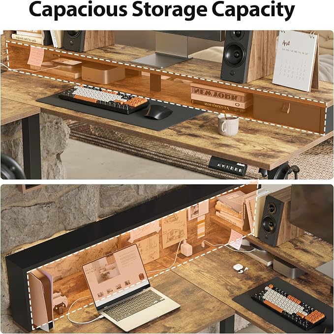 Agilestic 63 Inch L Shaped Electric Standing Desk with Led, Rustic Brown | Modular Storage System, Outlets & LED, Corner Desk, Memory Presets, Hooks, Stable Steel Frame, 176 lbs
