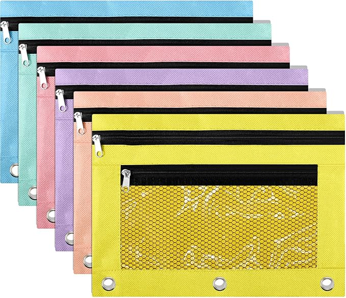 Kosiz 6 Pcs Pencil Pouch for 3 Ring Binder, 2 Layer Zipper Big Capacity Pencil Case with Mesh Window, Wear Resistant Oxford Fabric, Multicolored for Student Teacher (Macaron Color)