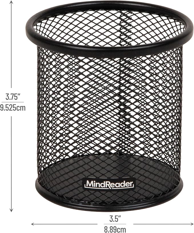 Mind Reader Pen and Accessories Holder, Desktop Organizer, Office, Metal Mesh, 3.5"L x 3.5"W x 3.75"H, Set of 3, Black