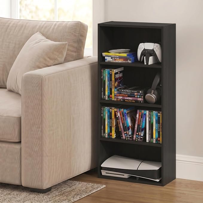 Furinno Basic DVD Shelf, 4-Tier CD Rack, Media Shelf, Espresso | 7 x 17 x 35, Open Shelf for DVD Blueray Game Disc, Storage Cabinets, for Living Room, Bedroom, Home Office