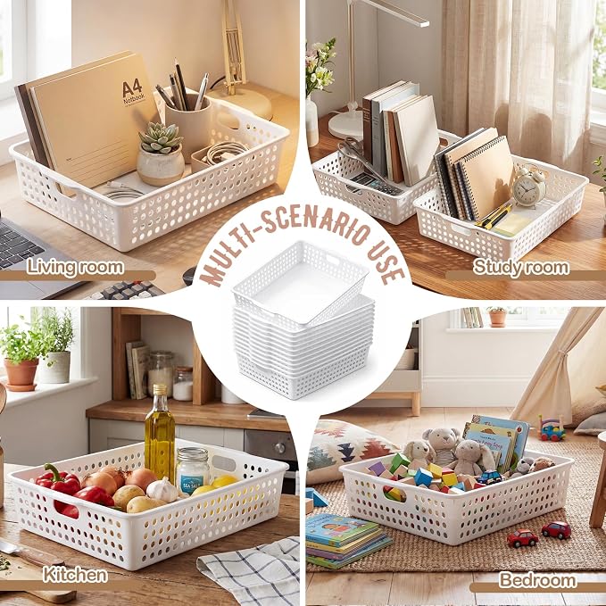 Geetery 12 Pack Classroom Storage Baskets with Handle,White | 14''x10'' Paper Tray Holds A4 Turn in Trays Plastic Paper Baskets Desk Organizer Bin for Classroom, Library, Office, Home