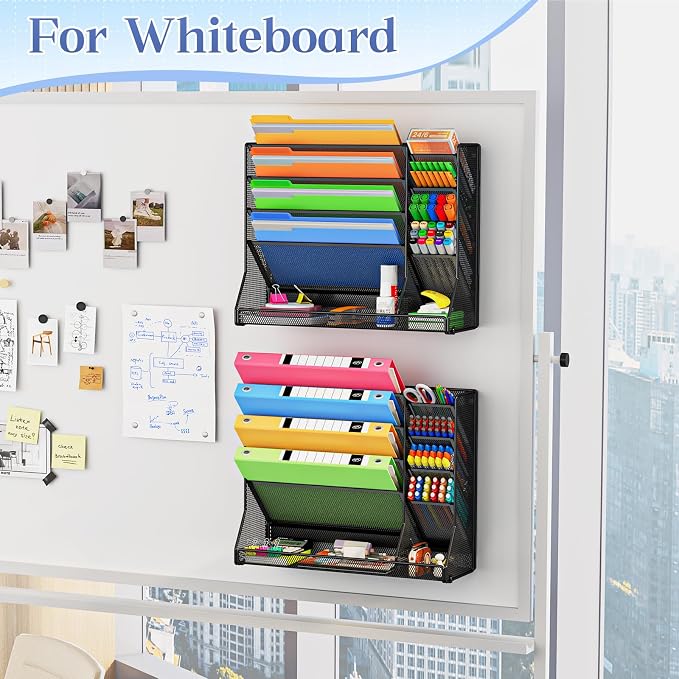 Jakyitvi 5-Tier Magnetic File Organizer R-Shaped Base Wall Hanging Black | Magnetic file holder for refrigerator, 5-tier wall mount file organizer, paper holder for file cabinet, cubicle organization