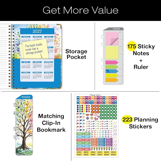 HARDCOVER Academic Year 2026-2027 Planner: 14 Months (May 2026 Through June 2027) 8.5"x 11" Daily Weekly Monthly Planner Yearly Agenda. Bookmark, Pocket Folder and Sticky Note Set (Tree Seasons)