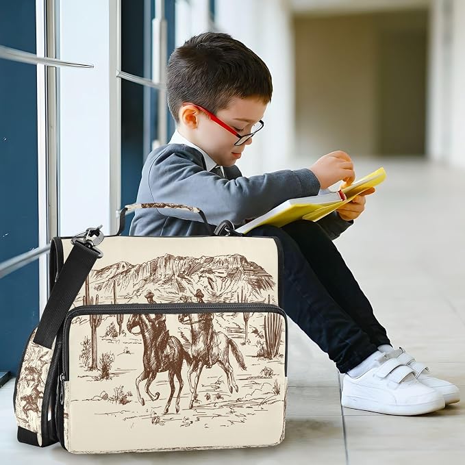 Western Cowboys Print Zipper Binder Bag 3 Ring with Shoulder Strap & Handle Multi Pocket Binder Organizer Bag Large Capacity for School Office Supplies