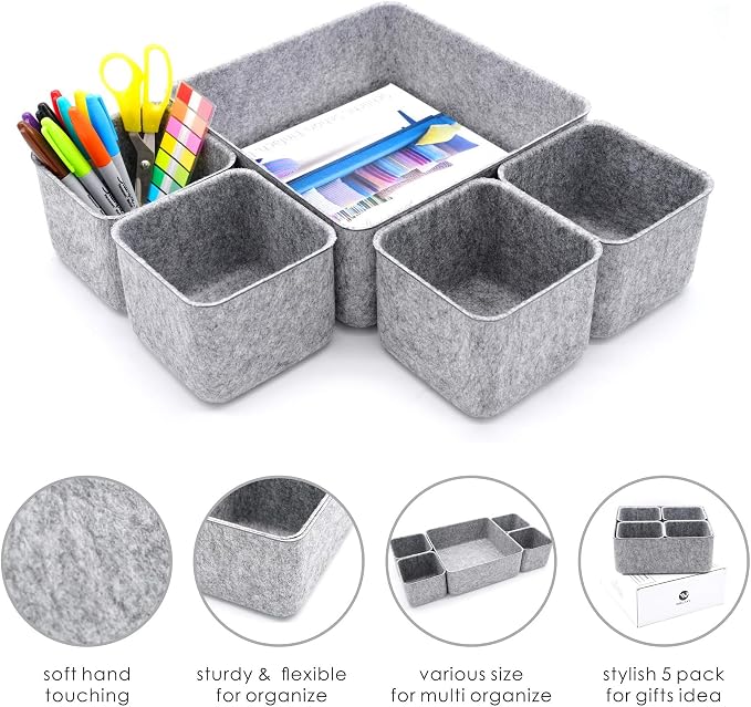 Desk Organizers Storage bins Set Office Drawer Organizers Pen holder pencil cup phone stand sticky note storage Closet Cabinet boxes Organizing 5-piece Pack (Gray)