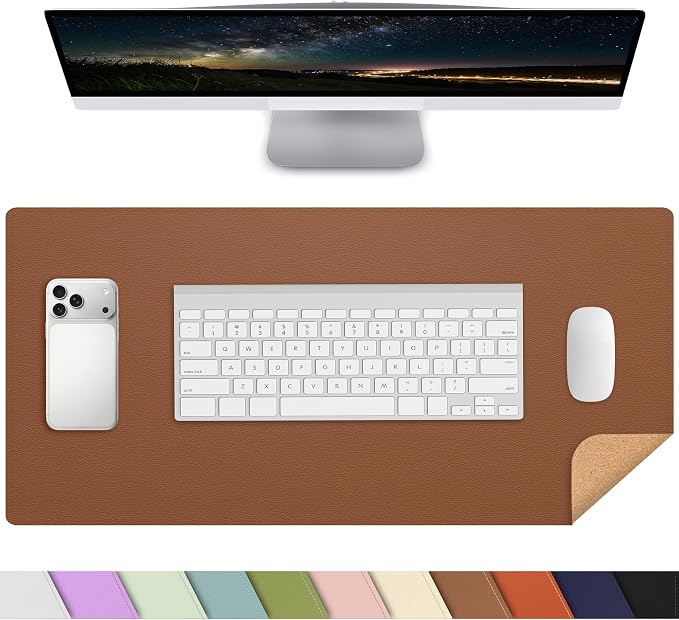 AFIING Leather Desk Mat, Brown, 23.6" x 13.8", Desk Pad Protector | Dual-Sided & PU Leather, Waterproof, Non-Slip for Mouse Pad, Writing, Home Office& Laptop