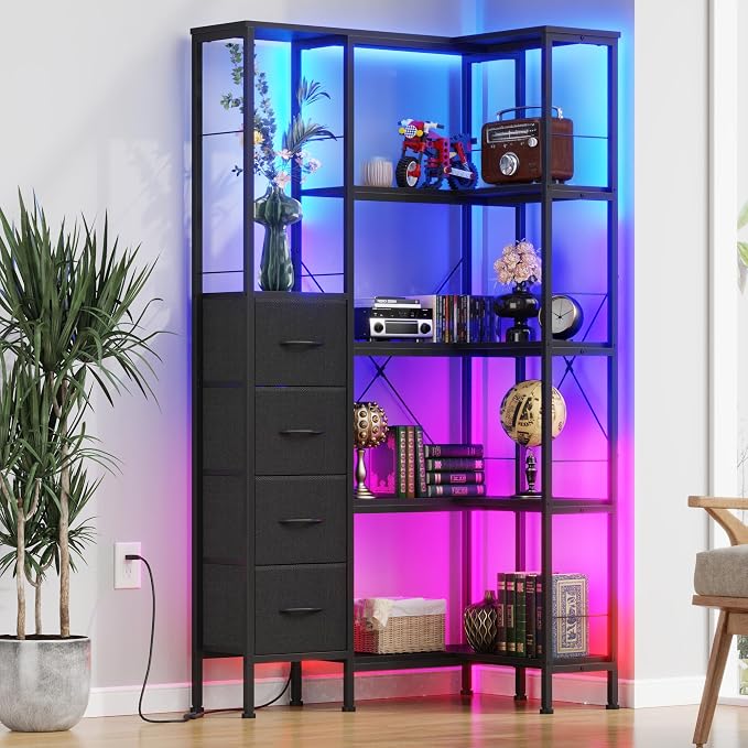 AFLUI Corner Bookshelf with LED Light Strips & 4 Fabric Drawers, 5-Tier Convertible Corner Shelf with Display Shelf, Large Wood Industrial Bookcase for Living Room, Bedroom, Home Office, Black
