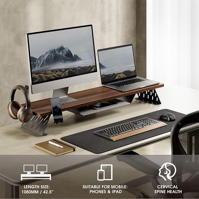 Fenge Dual Monitor Stand, Wooden Desk Shelf with Headphone & Phone Holder | 42.5" Monitor Riser with Storage Shelf, 2-Tier Monitor Shelf with Metal Leg for Home Office Organizer, Brown