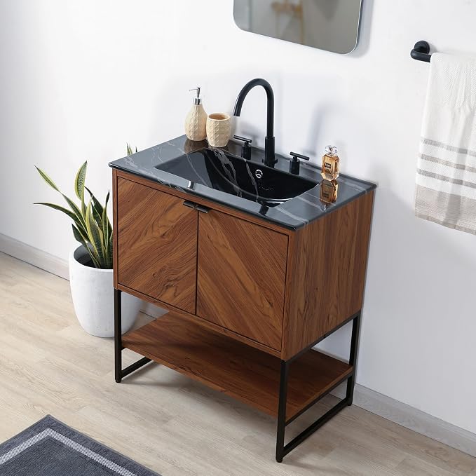 JONATHAN Y Juhl 30" Chevron Freestanding Bathroom Vanity Cabinet, Walnut | Modern Minimalist Design, 18" Deep 33" Tall, 2 Soft-Close Doors, Interior And Open Shelves, Sink Not Included