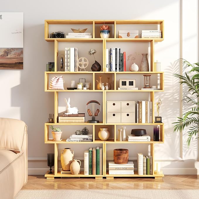 Tangkula 6-Tier S-Shaped Bookshelf, 64" Freestanding Geometric Bookcase, Home Office Wood Storage Shelf with Anti-Toppling Device, Room Divider Display Rack for Study, Living Room (1, Burlywood)