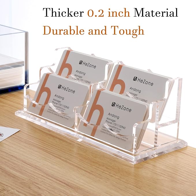 HeZone Business Card Holder Display for Desk, Cards Organizer Case for Women and Men 4 Slot 2 Tier, Clear Acrylic Business Card Stand Rack with 1 Pack (4 Grid-H)