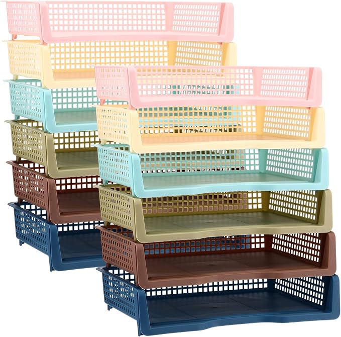 Weysat 12 Pcs Turn in Trays Classroom, Stackable Paper Tray for Classroom Organization Plastic Desk File Organizer Bin Basket for Library Drawer Teacher Office Document Storage (Morandi Tones,Wide)