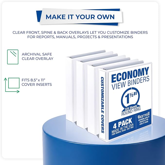 Samsill 1.5 Inch 3 Ring Binders, Economy Round Ring, Clear View Cover, 325 Sheet Capacity - for School, Home, Office - White, 4 Pack