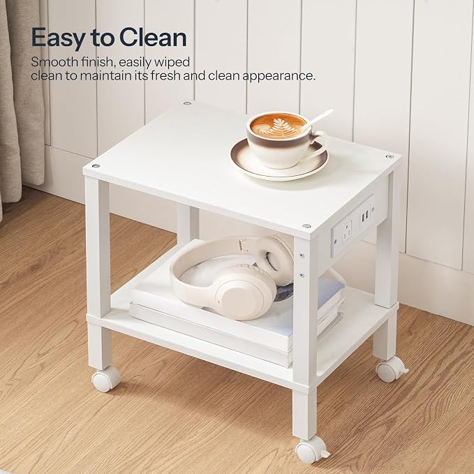 HOOBRO 2-Tier Printer Stand with Charging Station, Under Desk Printer Table, Printer Cart with Storage Shelves, Shelf for Small Spaces, for Home Office, White WT38UPS01
