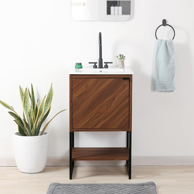 JONATHAN Y Juhl 20" Chevron Freestanding Bathroom Vanity Cabinet, Walnut | Modern Minimalist Design, 18" Deep 33" Tall, Soft-Close Door, Interior And Open Shelves, Sink Not Included