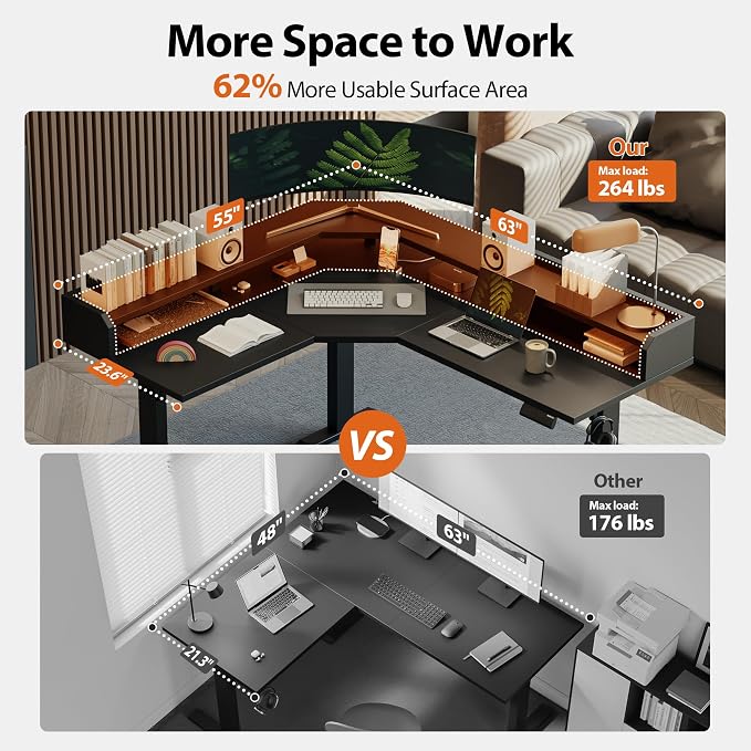 Agilestic 63 Inch L Shaped Electric Standing Desk with Shelf, Black | Dual Monitor Setup, Corner Desk, Ample Workspace, Memory Presets, Hooks, Stable Steel Frame,264 lbs Capacity, Splice Board