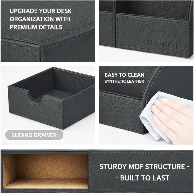 UnionBasic Desk Organizer - Multifunctional Leather Desktop Pen Holder Storage Box - Business Card/Pen/Pencil/Mobile Phone/Stationery Holder, Taiga Dark Gray